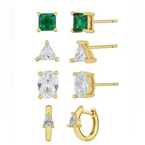 NWB Macy's 18k Gold Plated Set Of 4 Earrings Emerald Green Cubic Zirconia Hoops